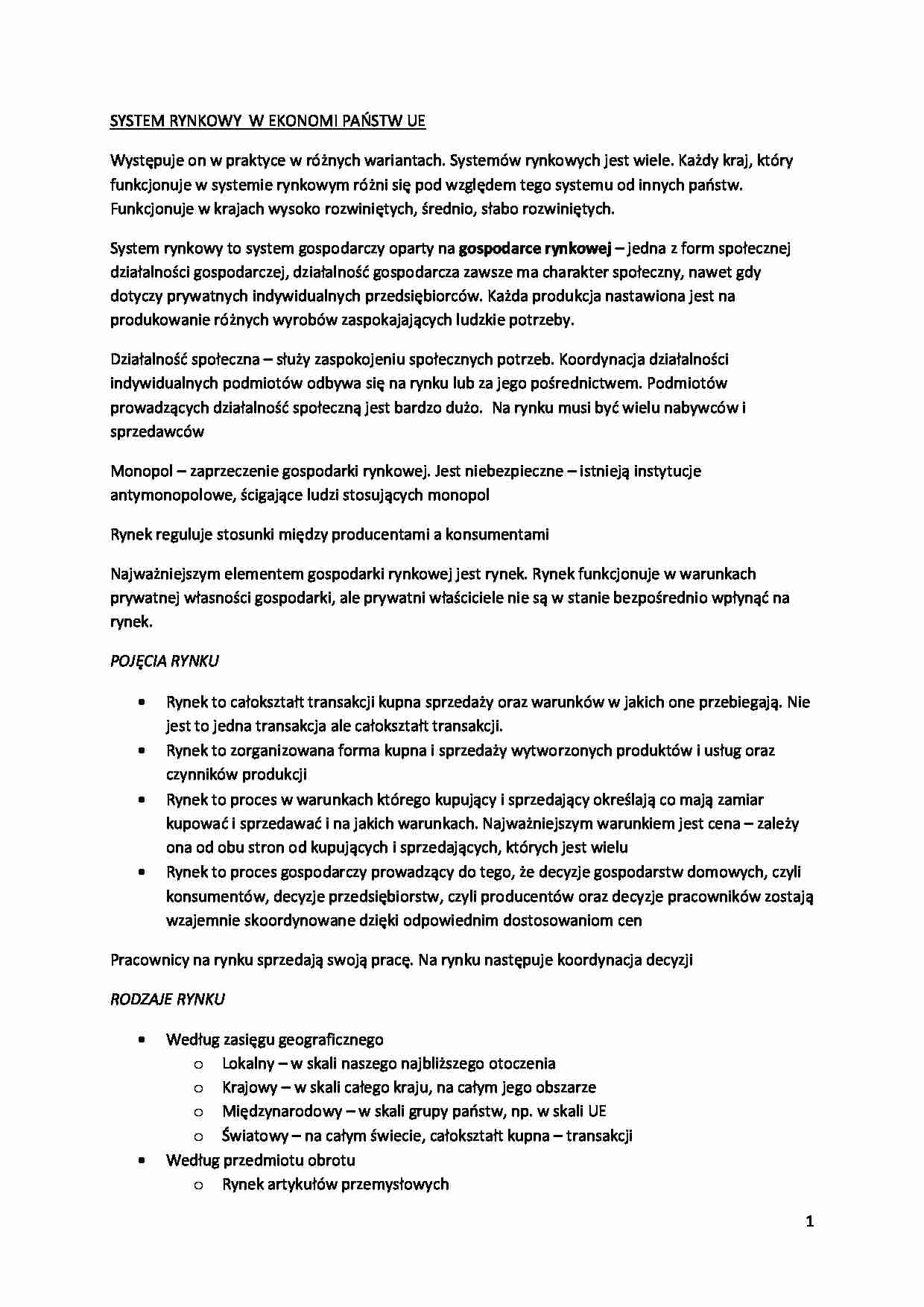 SYSTEM RYNKOWY  W EKONOMI PAŃSTW UE- wYKŁAD - strona 1
