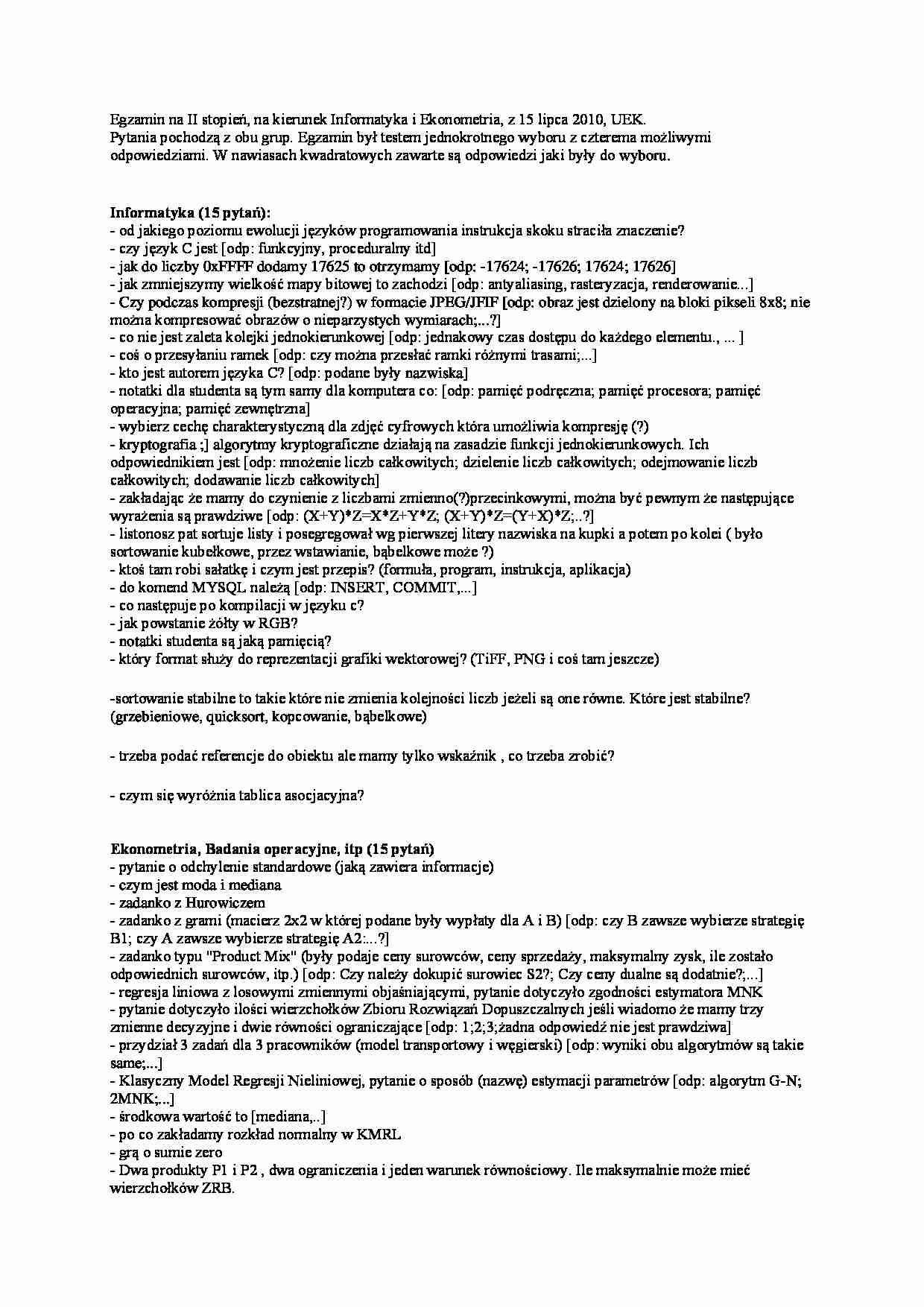 Pytania z egzaminu na II stopień, SUM, 2010 informatyka i ekonometria,UEK - strona 1