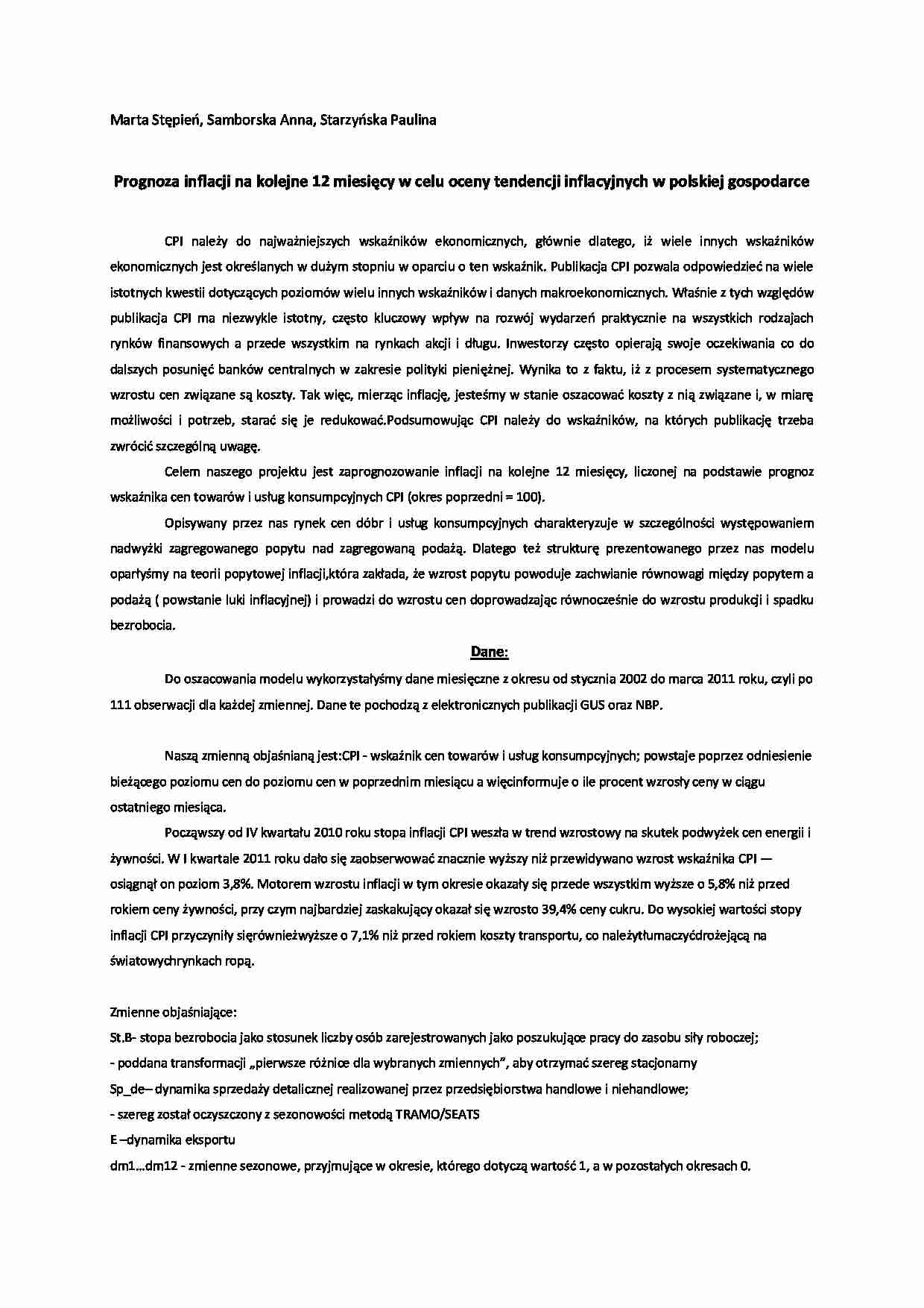 projekt modelu ekonomytrecznego - strona 1