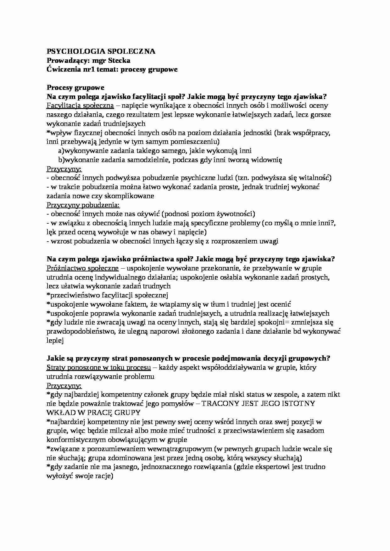 Psychologia społeczna - ćwiczenia, mgr Sylwia Stecka - strona 1