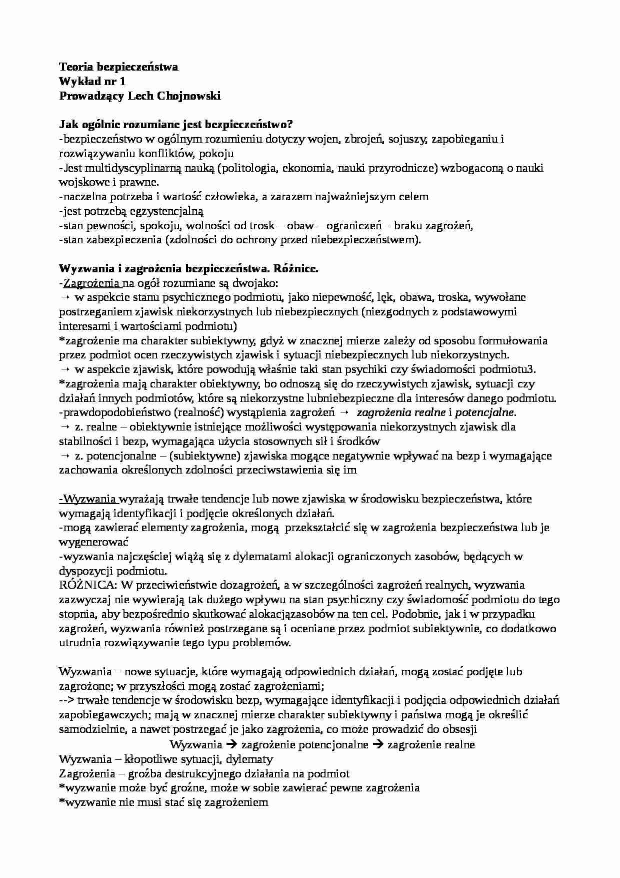 Teoria bezpieczeństwa - wykłady, dr Lech Chojnowski - strona 1