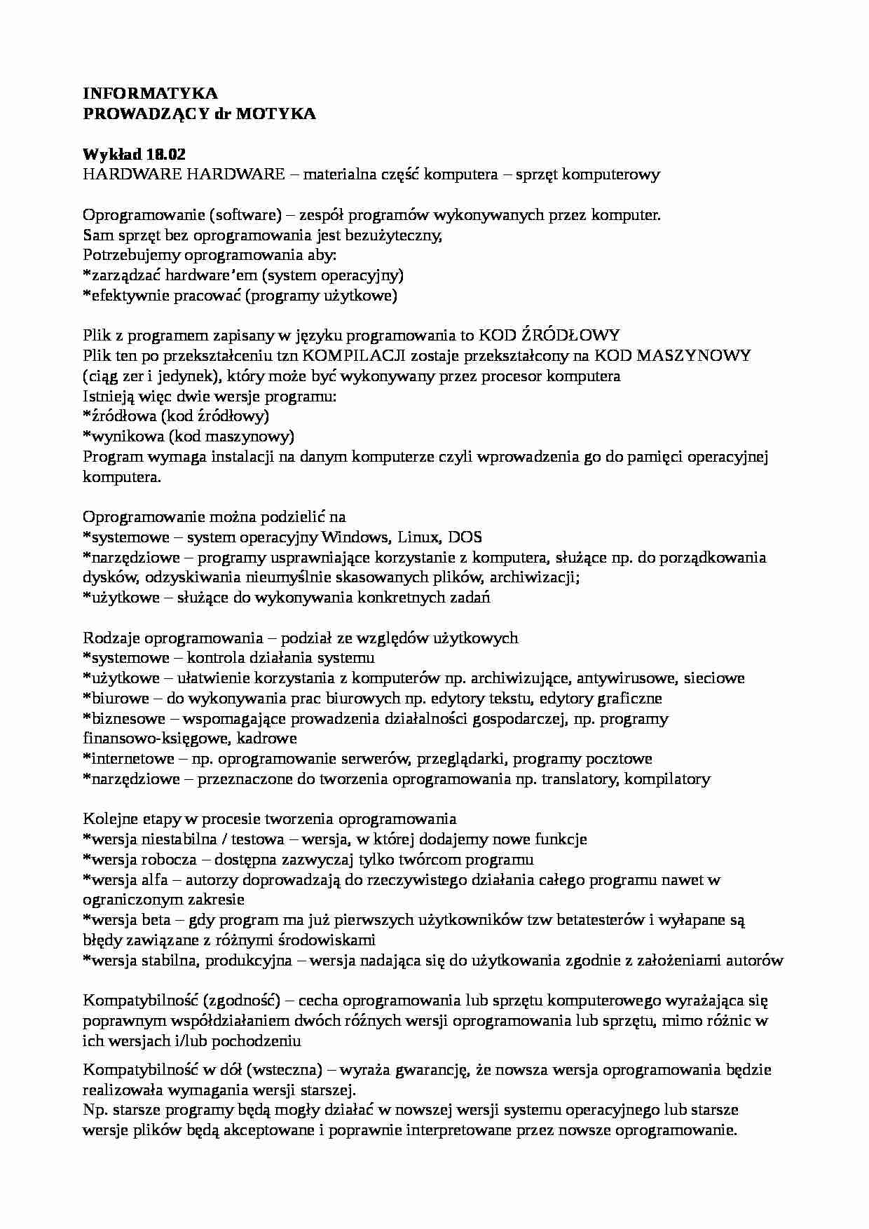 Informatyka - wykłady, dr Piotr Motyka - strona 1