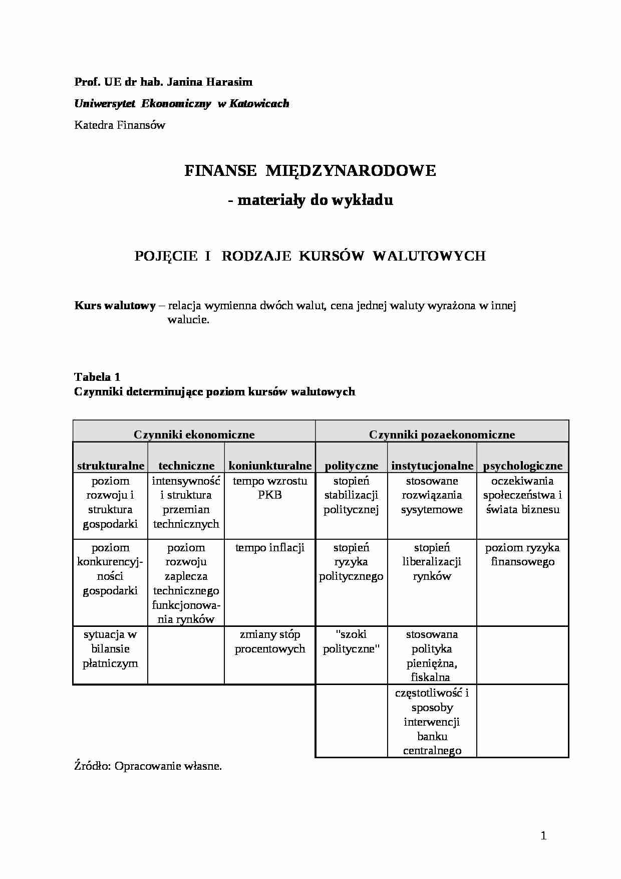 Finanse międzynarodowe - POJĘCIE I RODZAJE KURSÓW WALUTOWYCH - strona 1