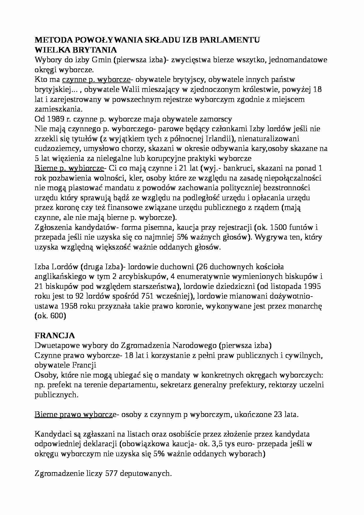 System wyborczy w najważniejszych krajach europejskich, procedura ustawodawcza we Francji i Wielkiej Brytanii - strona 1