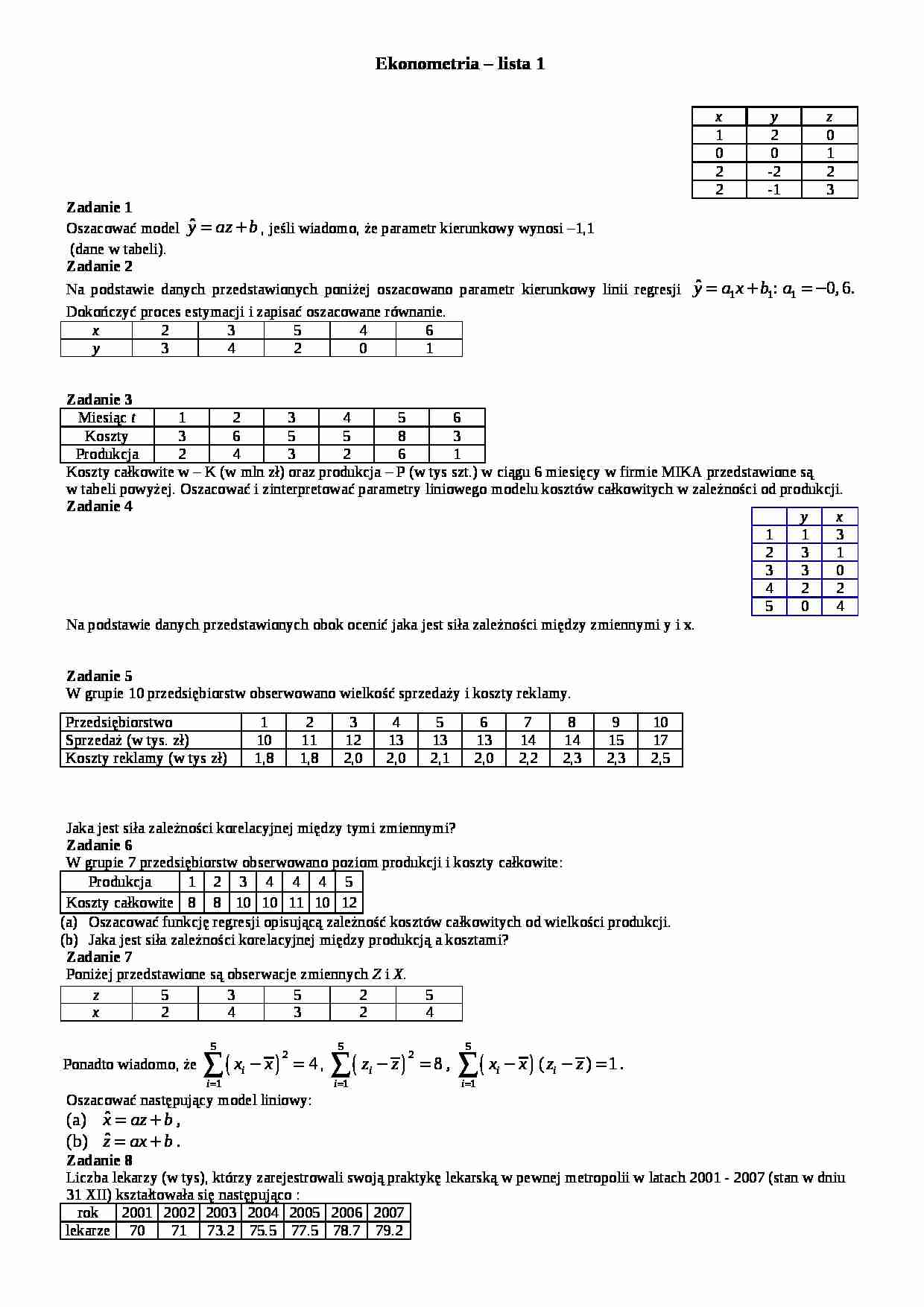 Ekonometria - ćwiczenia - strona 1