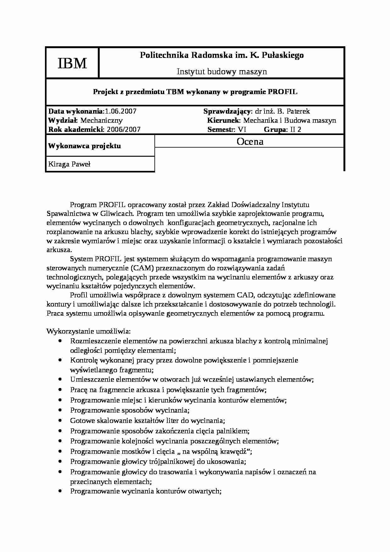 Projekt z przedmiotu TBM wykonany w programie PROFIL - strona 1