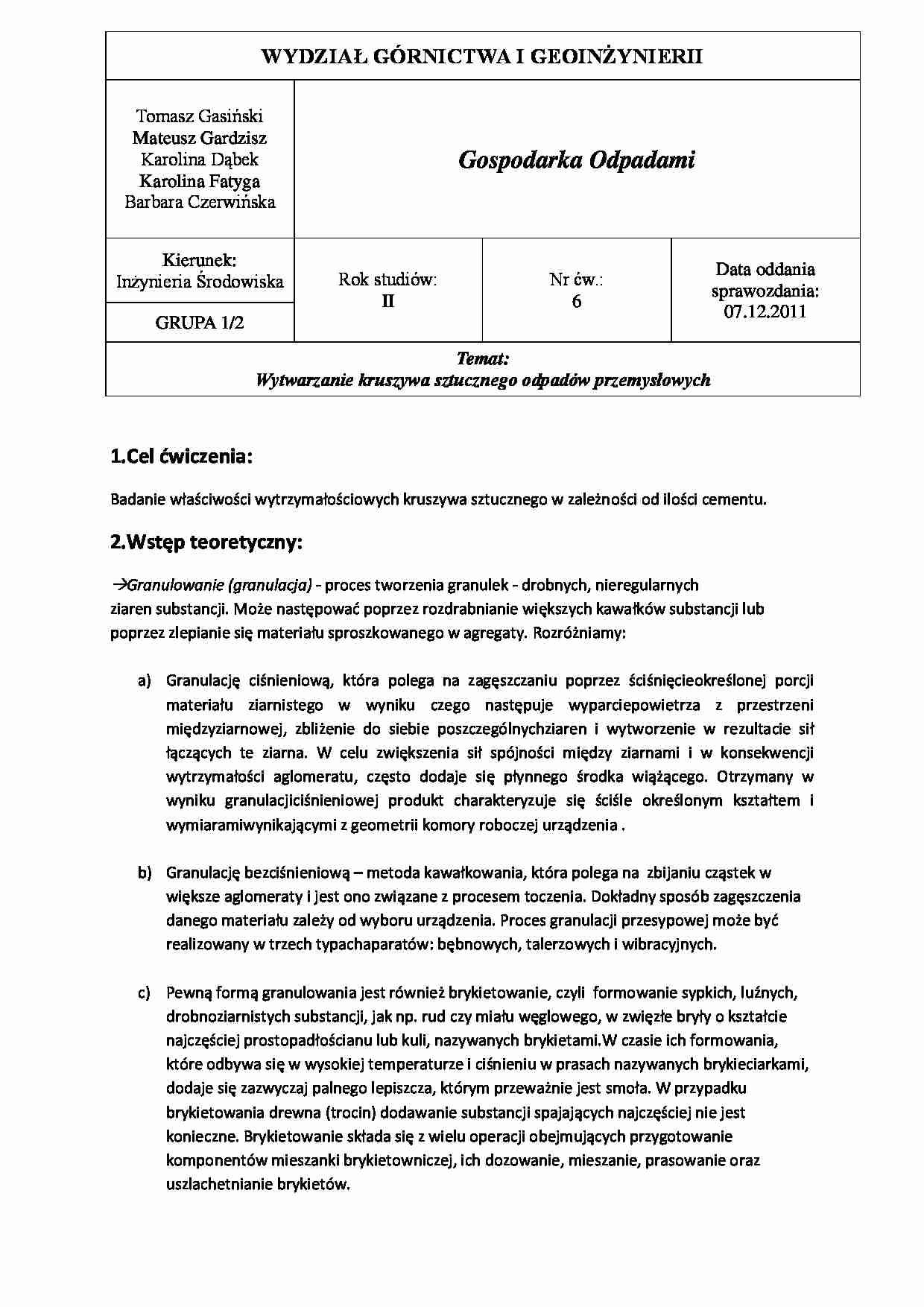 Wytwarzanie kruszywa sztucznego odpadów przemysłowych - strona 1