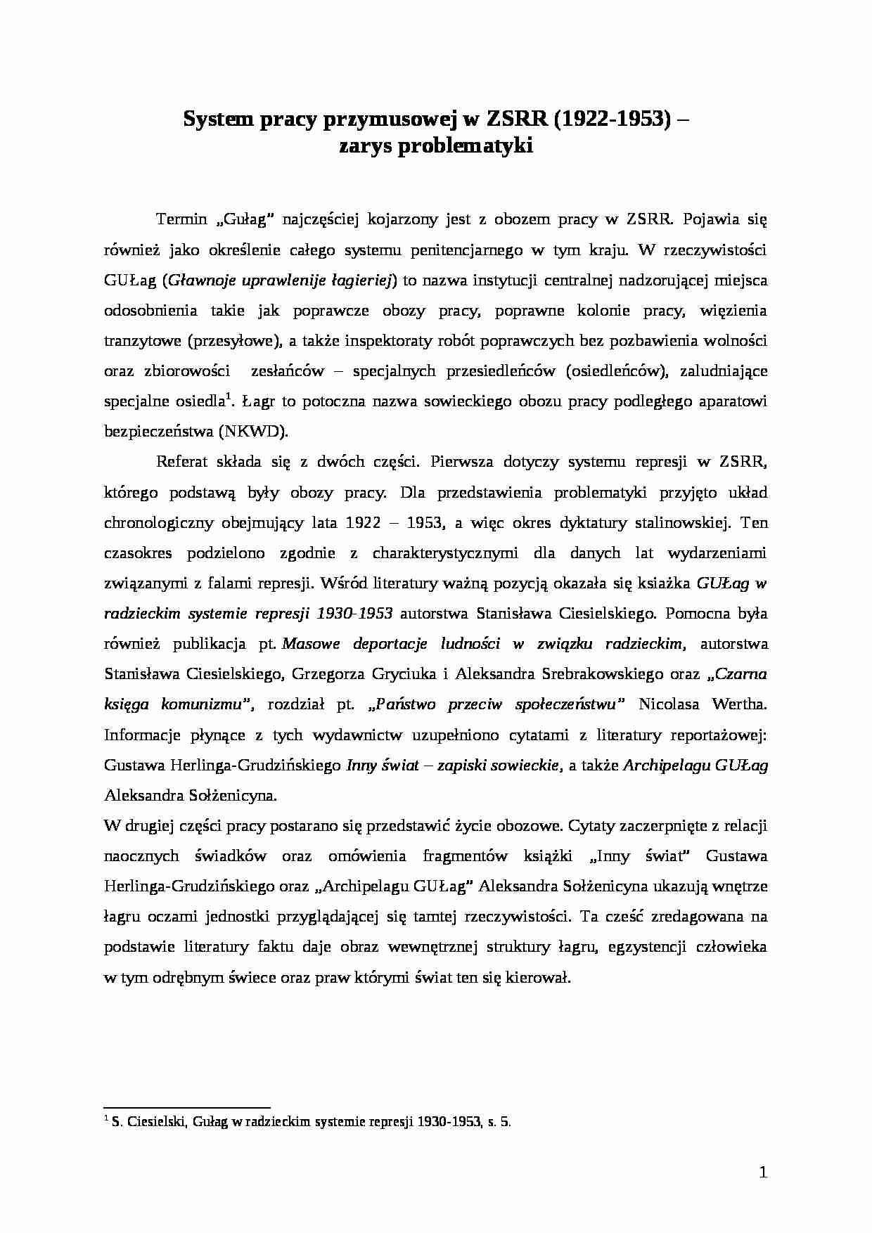 Referat pt. System pracy przymusowej w ZSRR (1922-1953) – zarys problematyki - strona 1