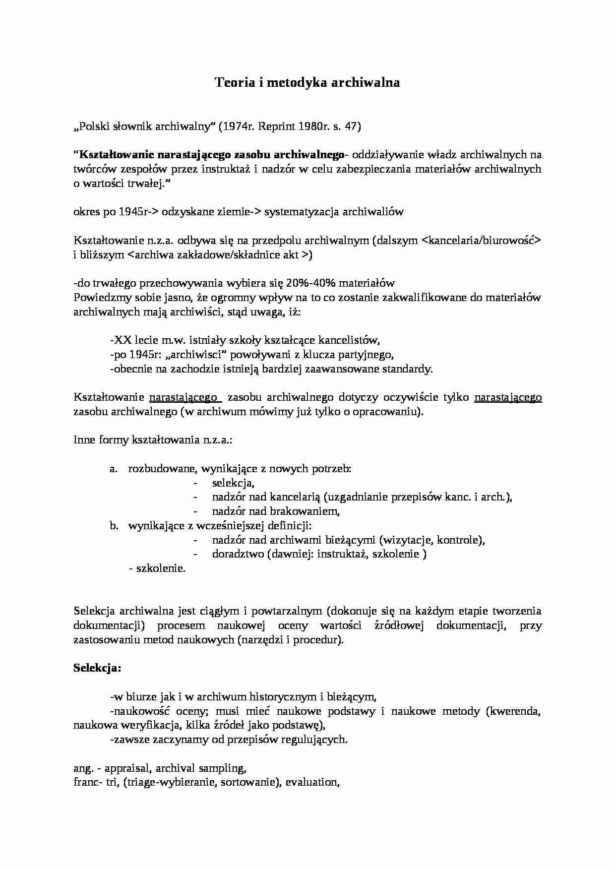 Notatki z wykładu Teoria i metodyka archiwalna - strona 1