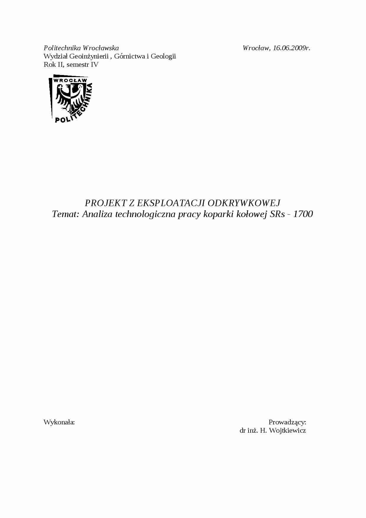 Analiza technologiczna pracy koparki kołowej - projekt - strona 1