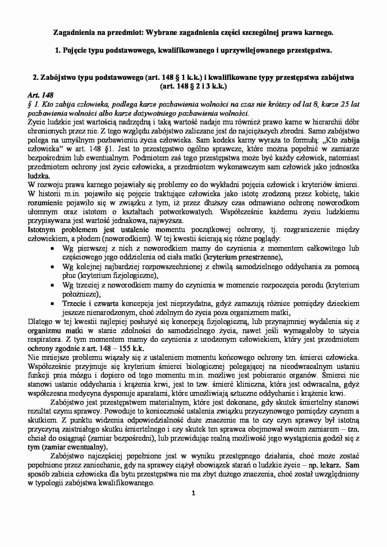 Wybrane zagadnienia części szczególnej prawa karnego - wykłady - strona 1