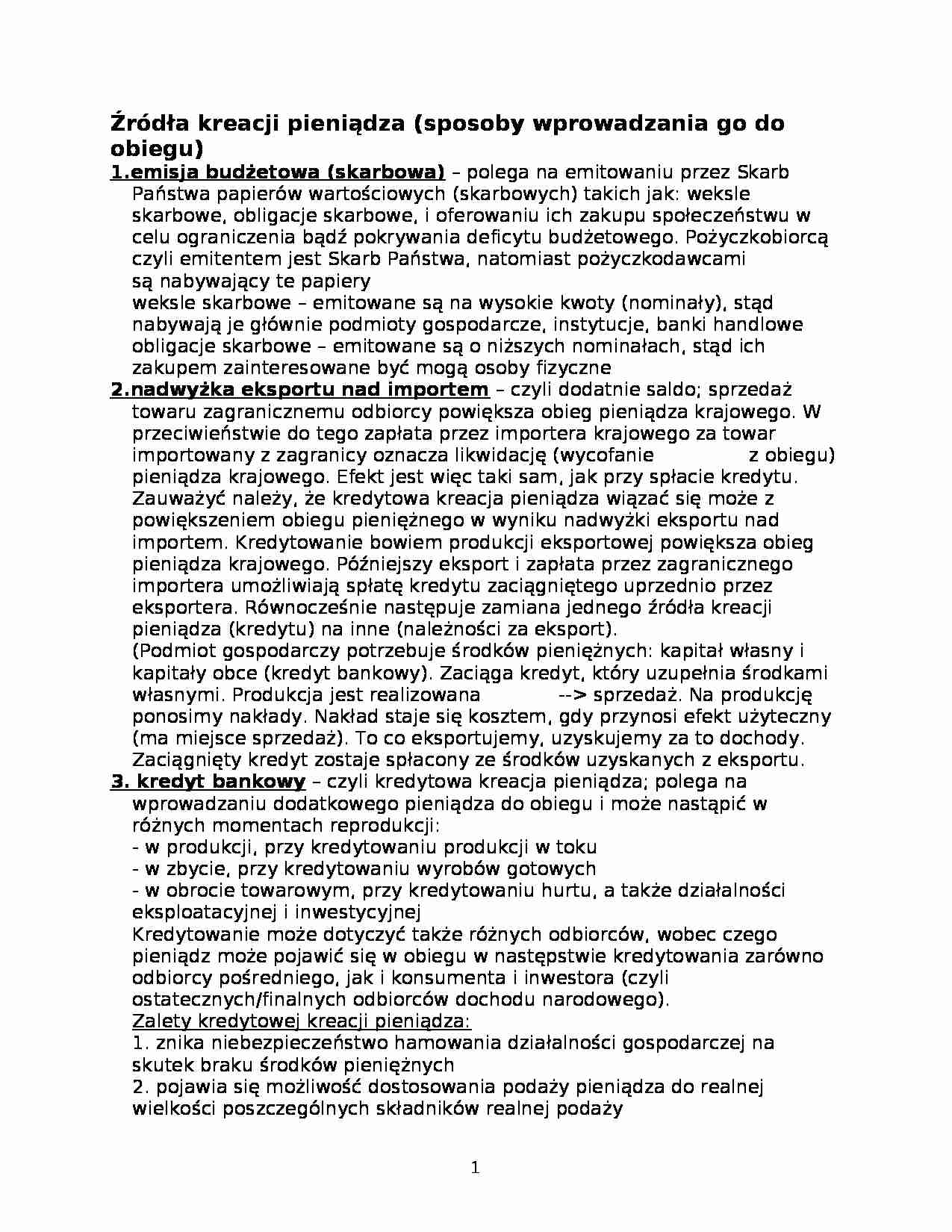 Bankowość - źródła kreacji pieniądza - strona 1