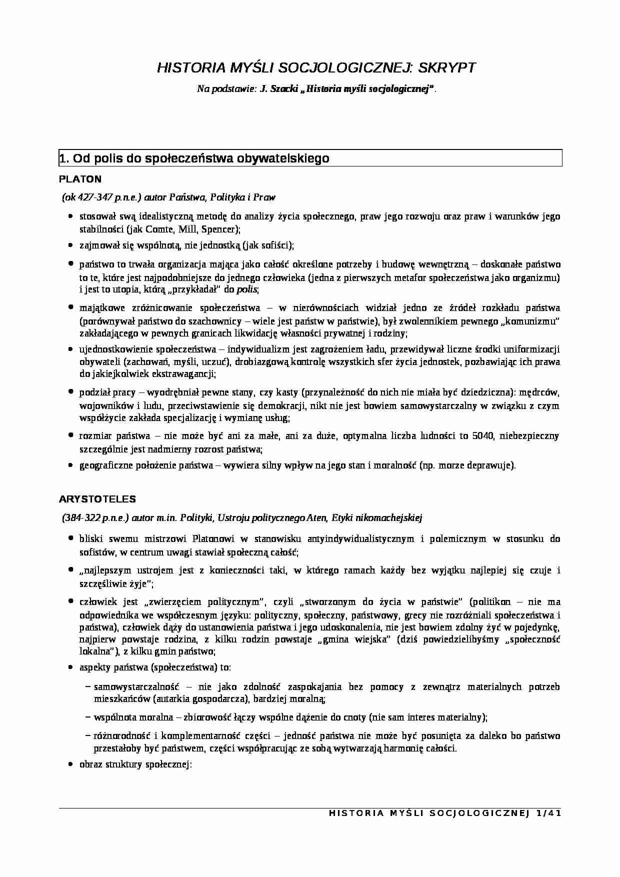 Historia myśli socjologicznej - skrypt - strona 1