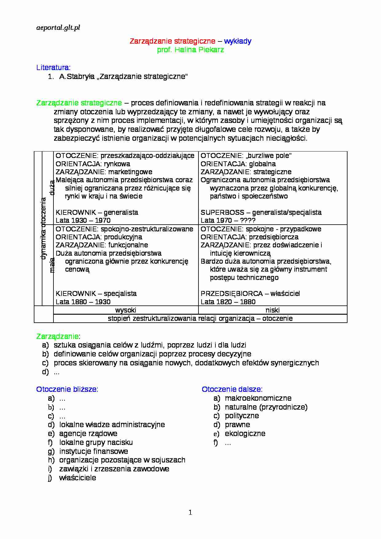 Zarządzanie strategiczne - wykłady - strona 1