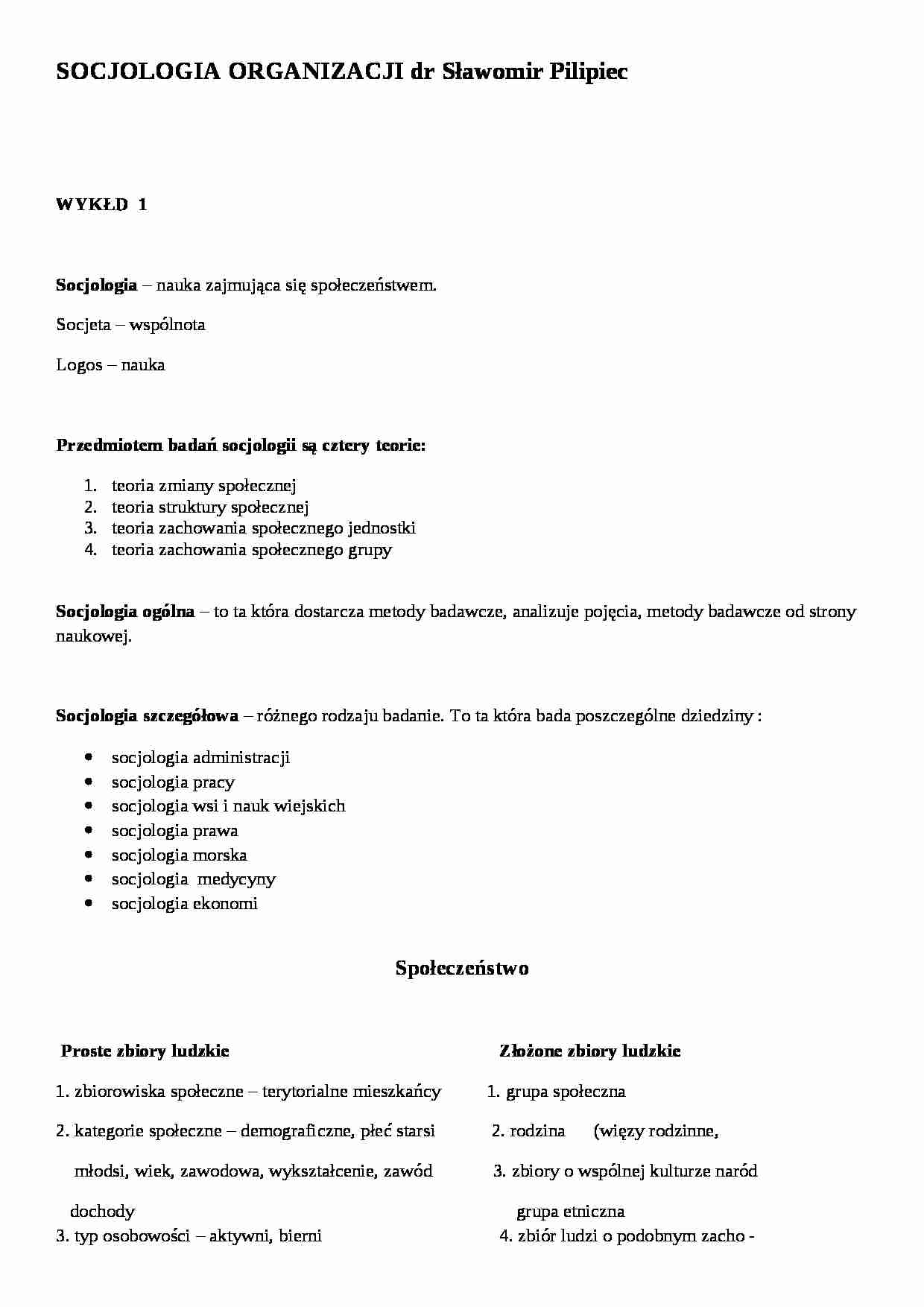 socjologia organizacji - wykłady, dr Sławomir Pilipiec - strona 1