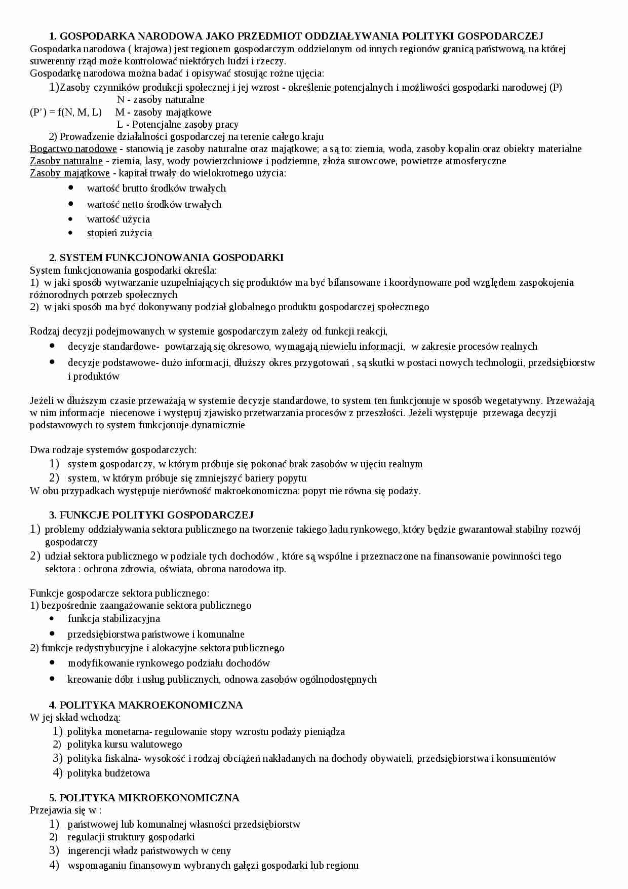 Polityka gospodarcza - notatki na egzamin - strona 1