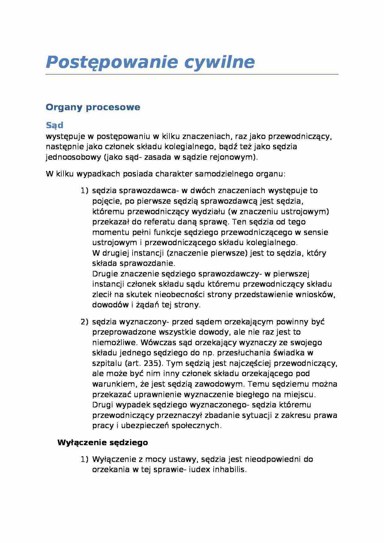 Postępowanie cywilne - sąd i referendarz sądowy jako organy procesowe, uczestnicy postępowania - strona 1