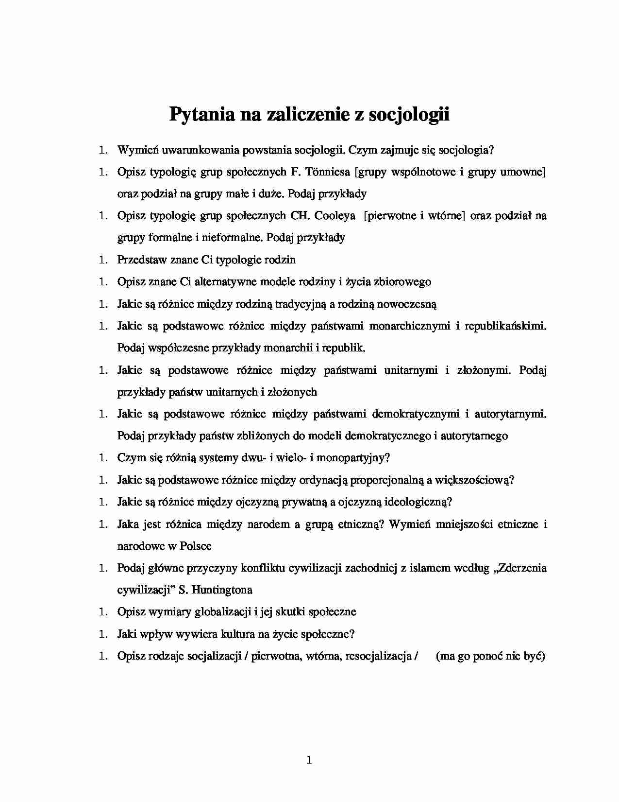 socjologia - opracowane pytania do zaliczenia - strona 1