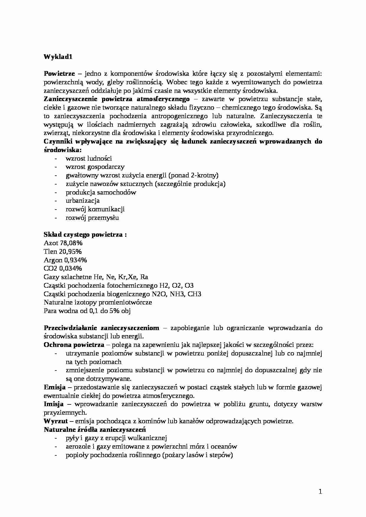 Ochrona powietrza - notatki z wykładów - strona 1