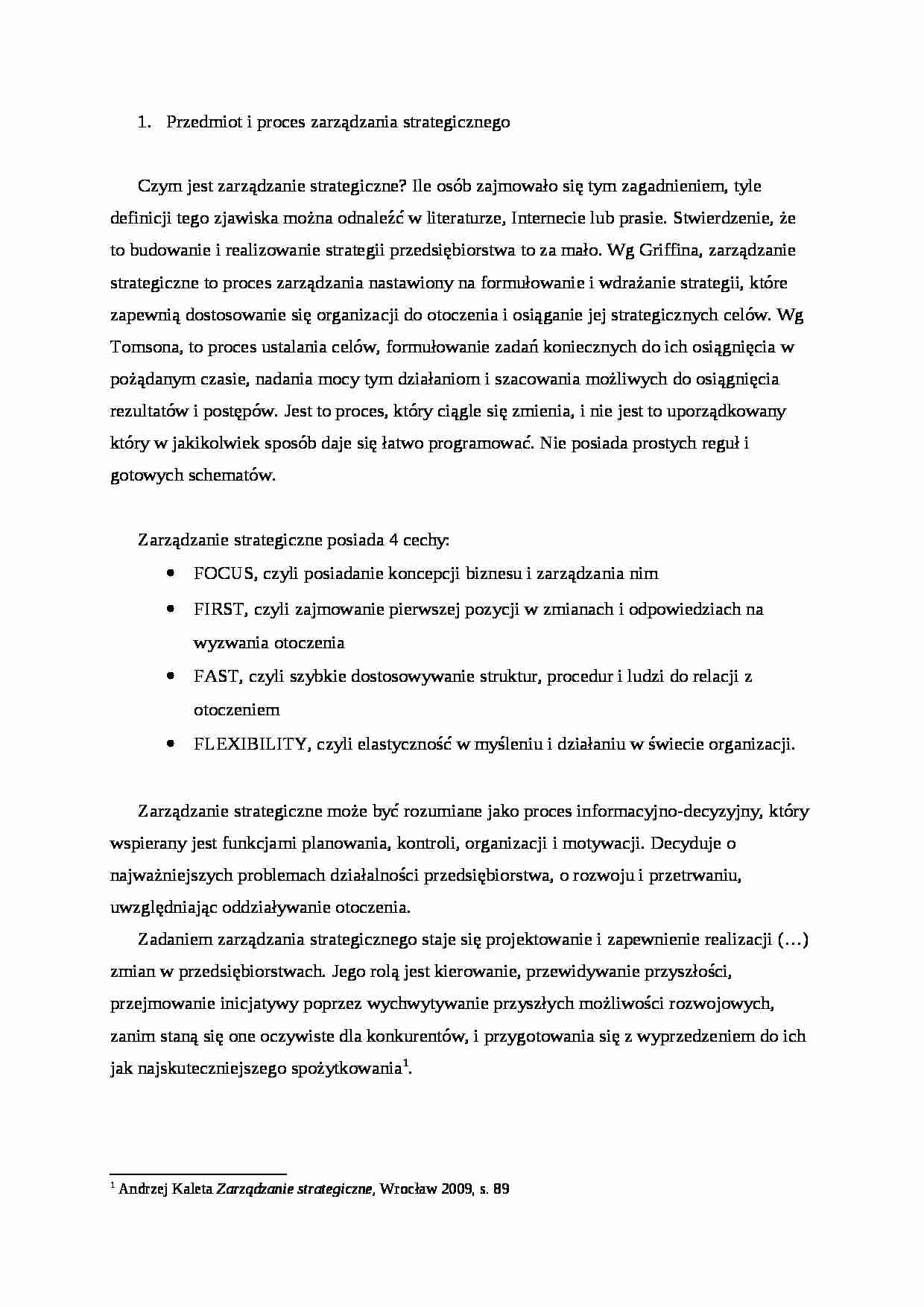 Zarządzanie strategiczne - przedmiot, istota - strona 1