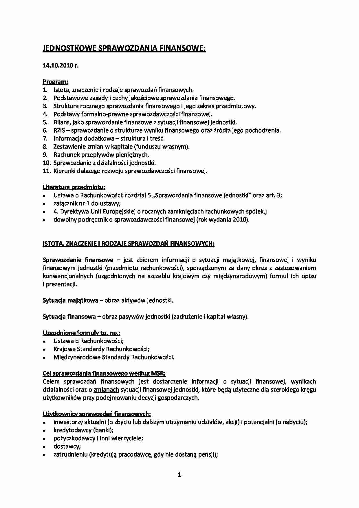 Jednostkowe sprawozdania finansowe- wykłady - strona 1