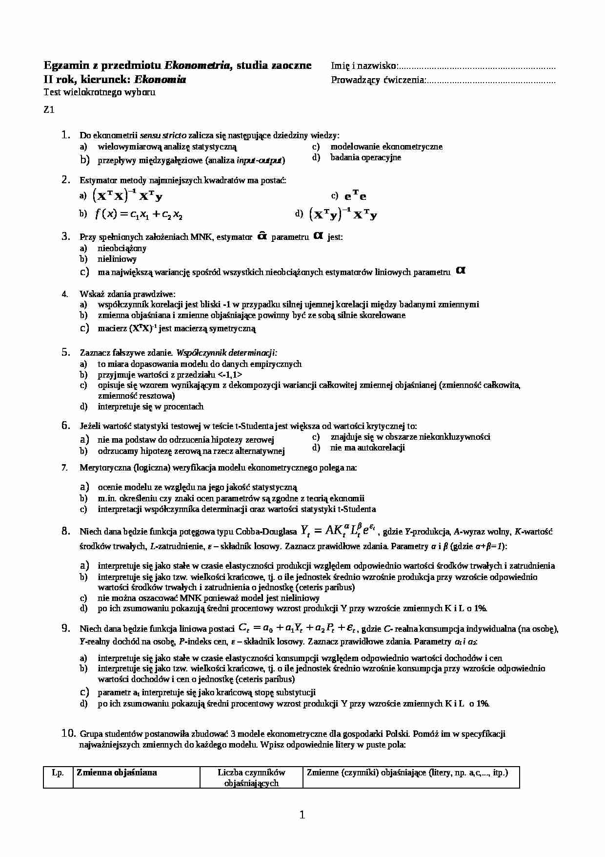 ekonometria - test - strona 1
