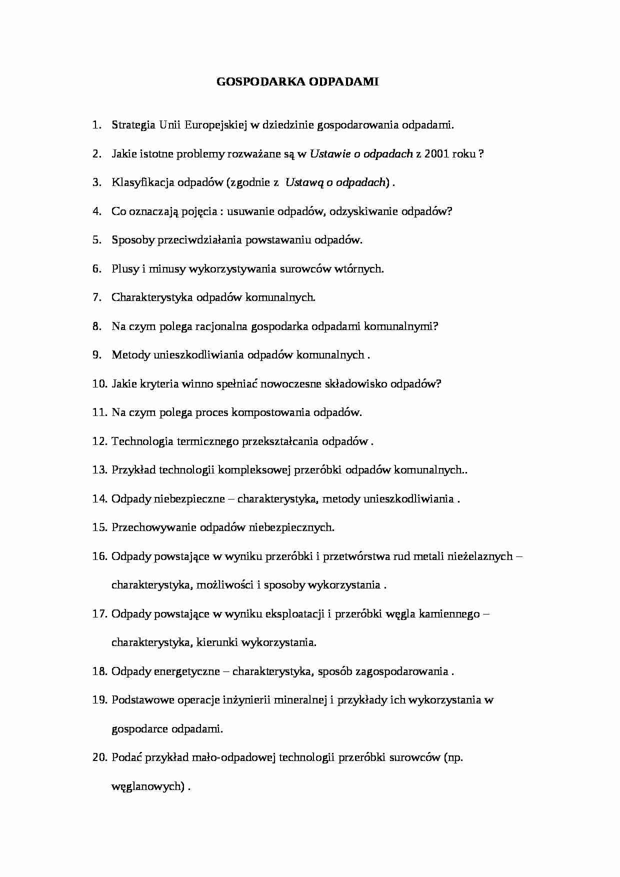 Gospodarka odpadami - zagadnienia do egzaminu - strona 1