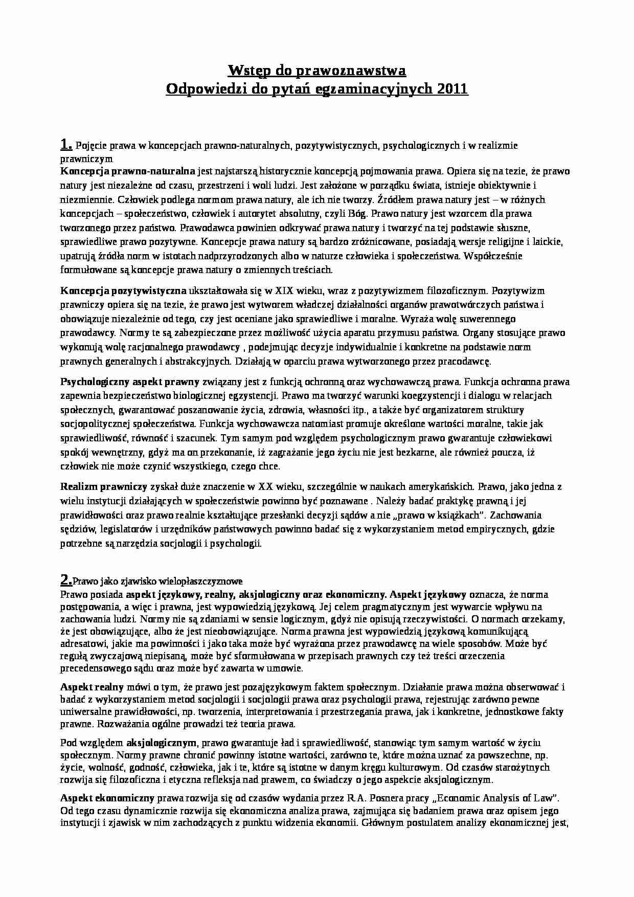 Wstęp do prawoznawstwa - Odpowiedzi do pytań egzaminacyjnych 2011 - strona 1