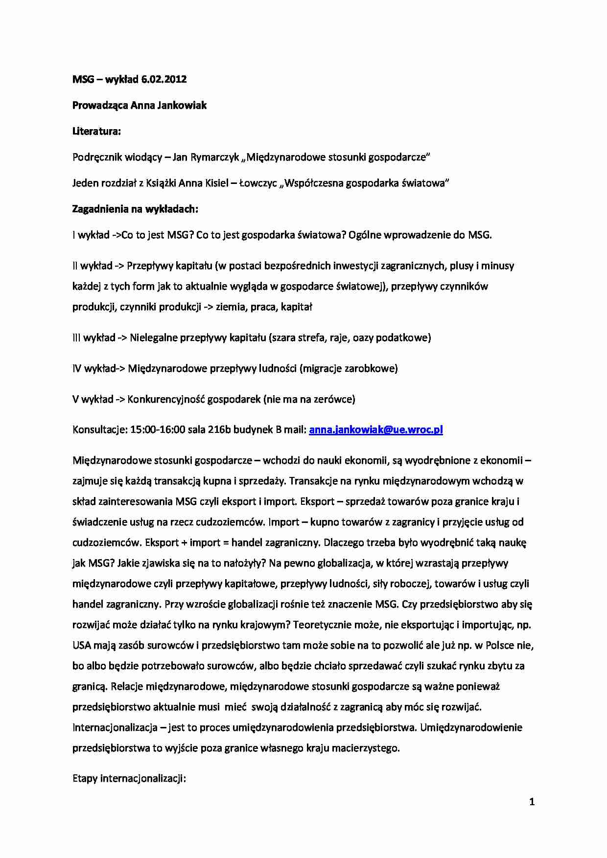 Międzynarodowe Stosunki Gospodarcze - wykłady - Etapy internacjonalizacji - strona 1