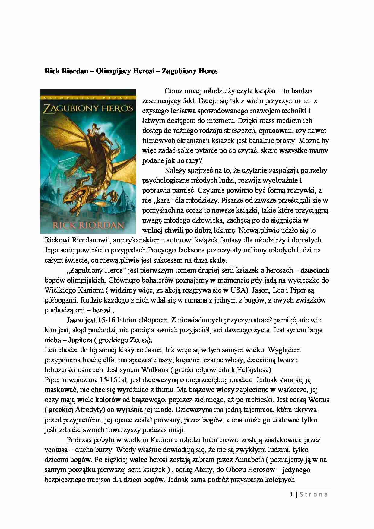 Rick Riordan – Olimpijscy Herosi – Zagubiony Heros - omówienie książki - strona 1