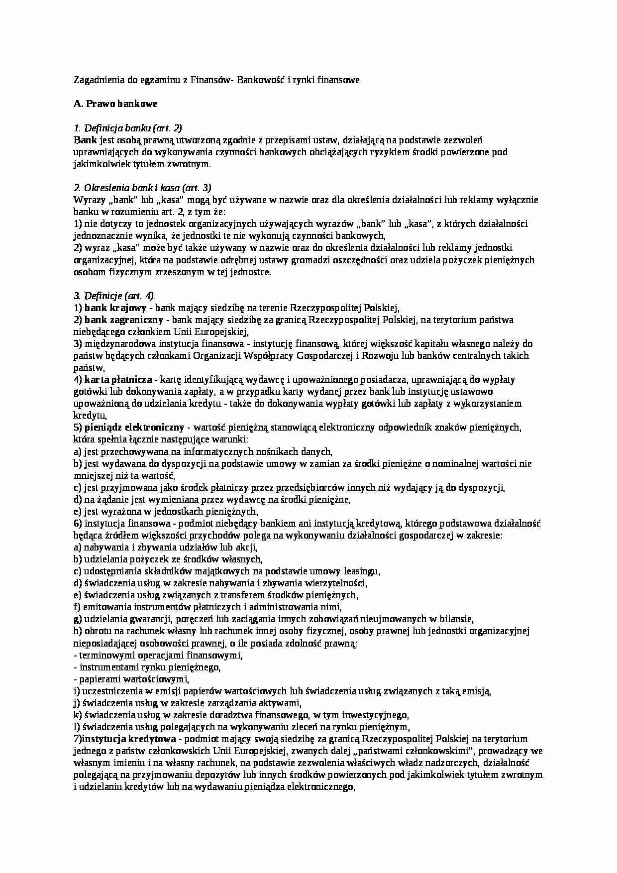 Finanse publiczne opracowanie do egzaminu - Bankowość i rynki finansowe - strona 1