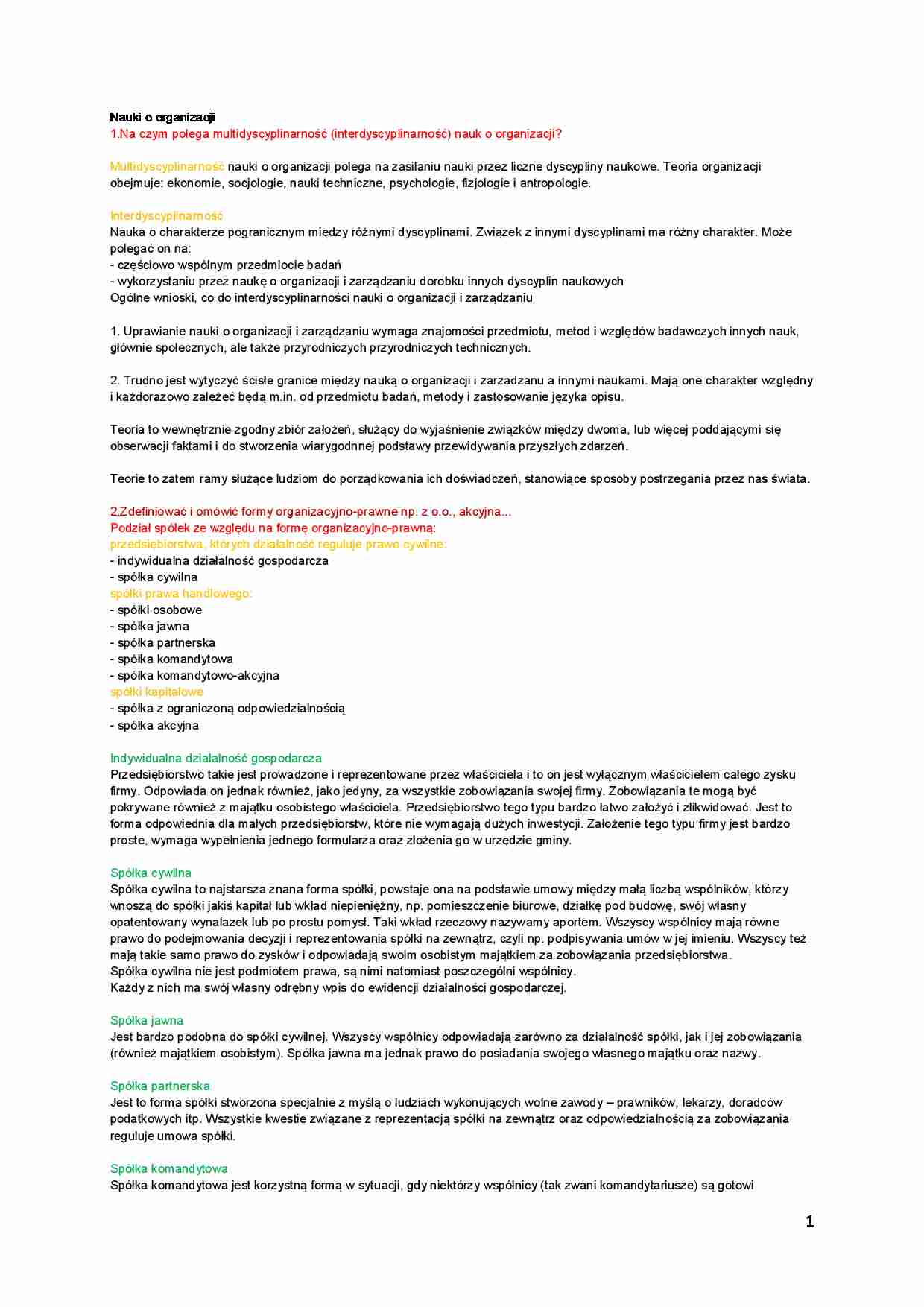 Nauki o organizacji - omówione zagadnienia na kolowkium - strona 1