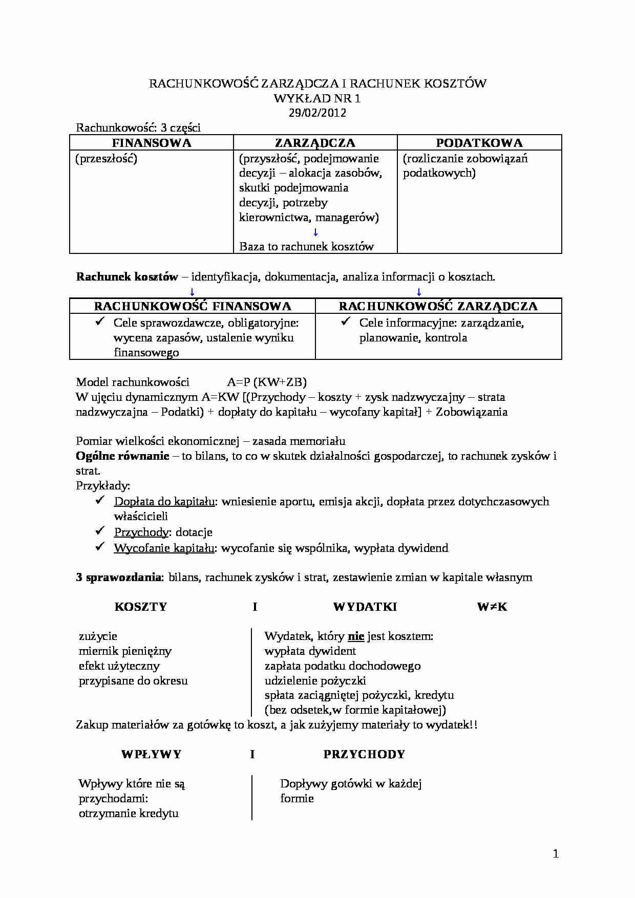 Rachunkowość zarządcza i rachunek kosztów - komplet wykładów - strona 1