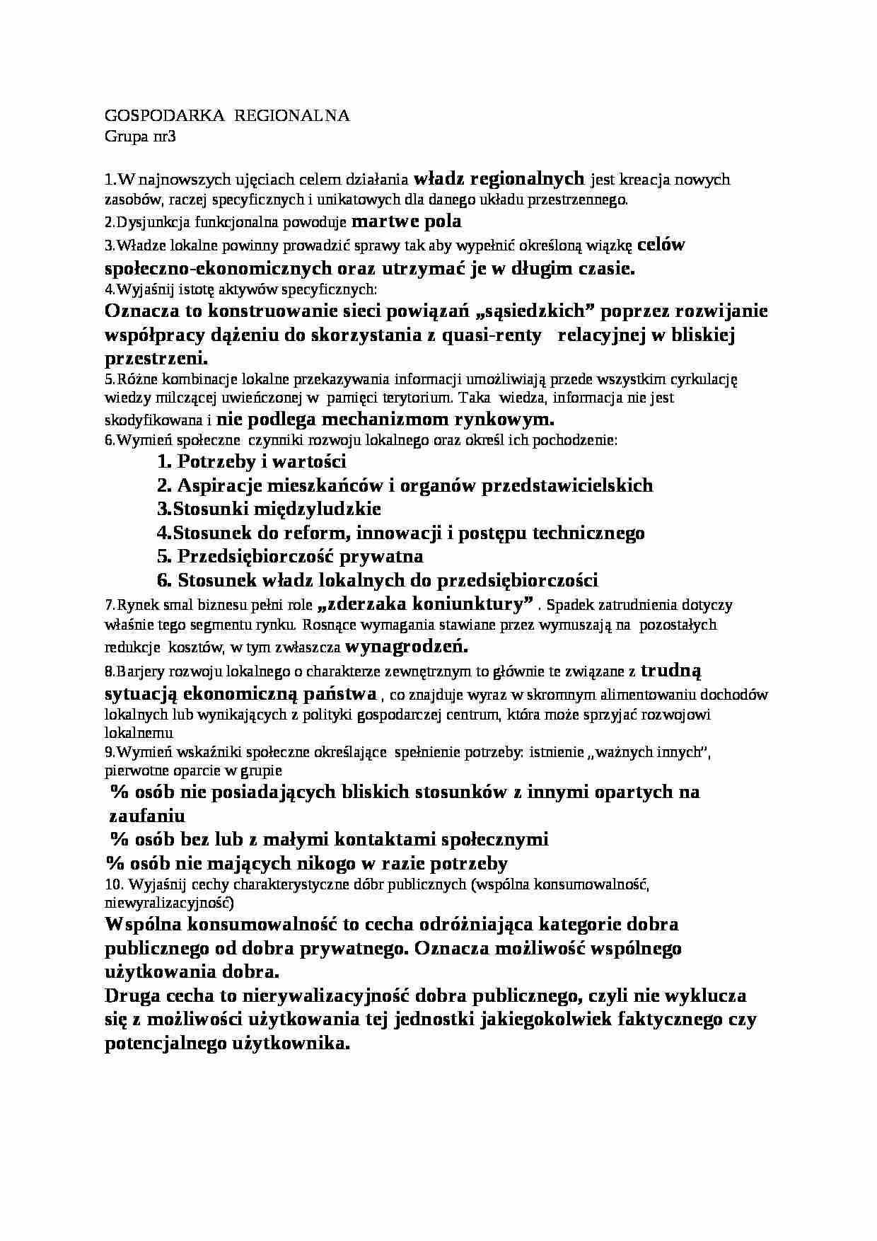 Gospodarka regionalna - pytania - strona 1