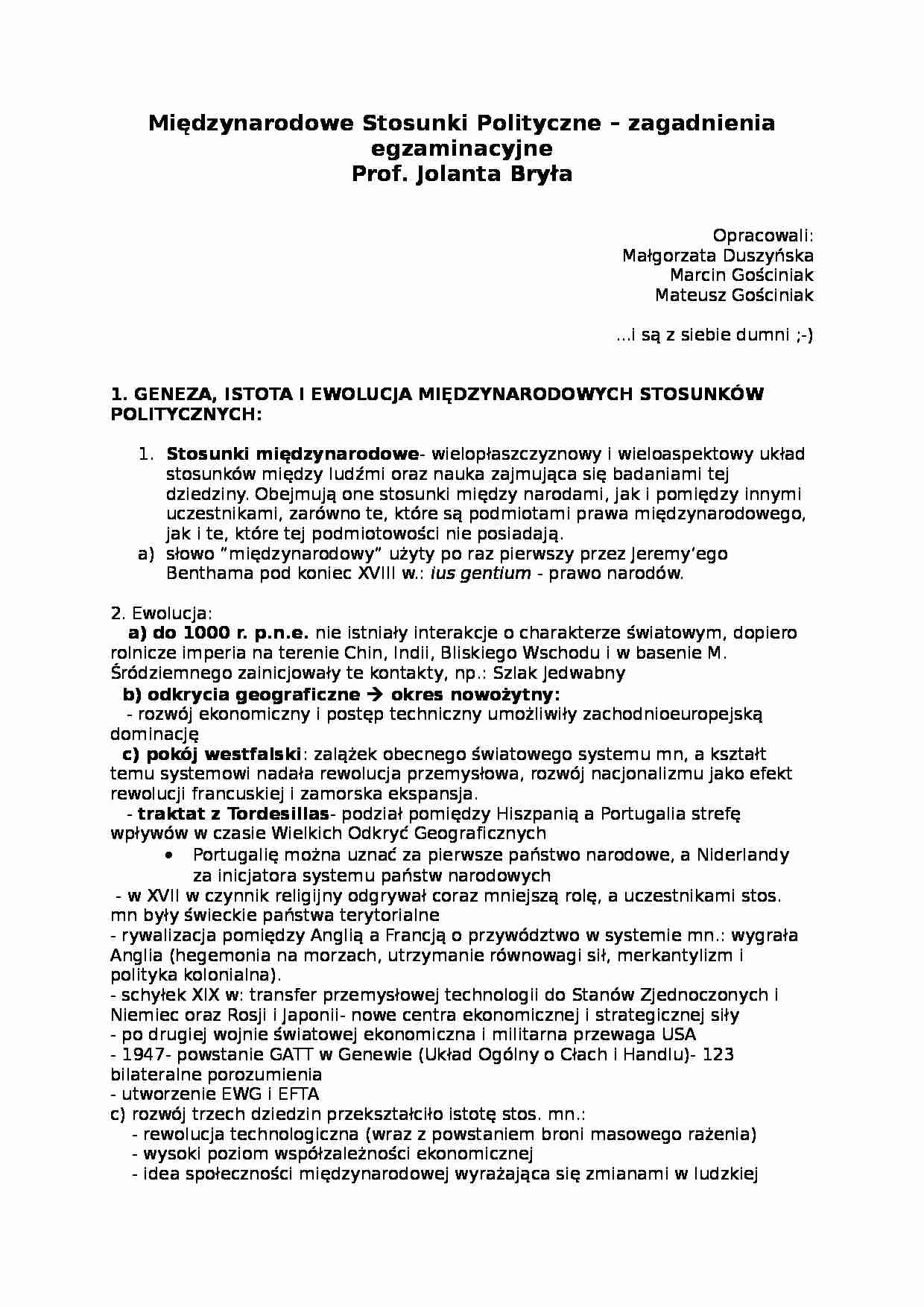 Międzynarodowe Stosunki Polityczne - opracowanie zagadnień - strona 1