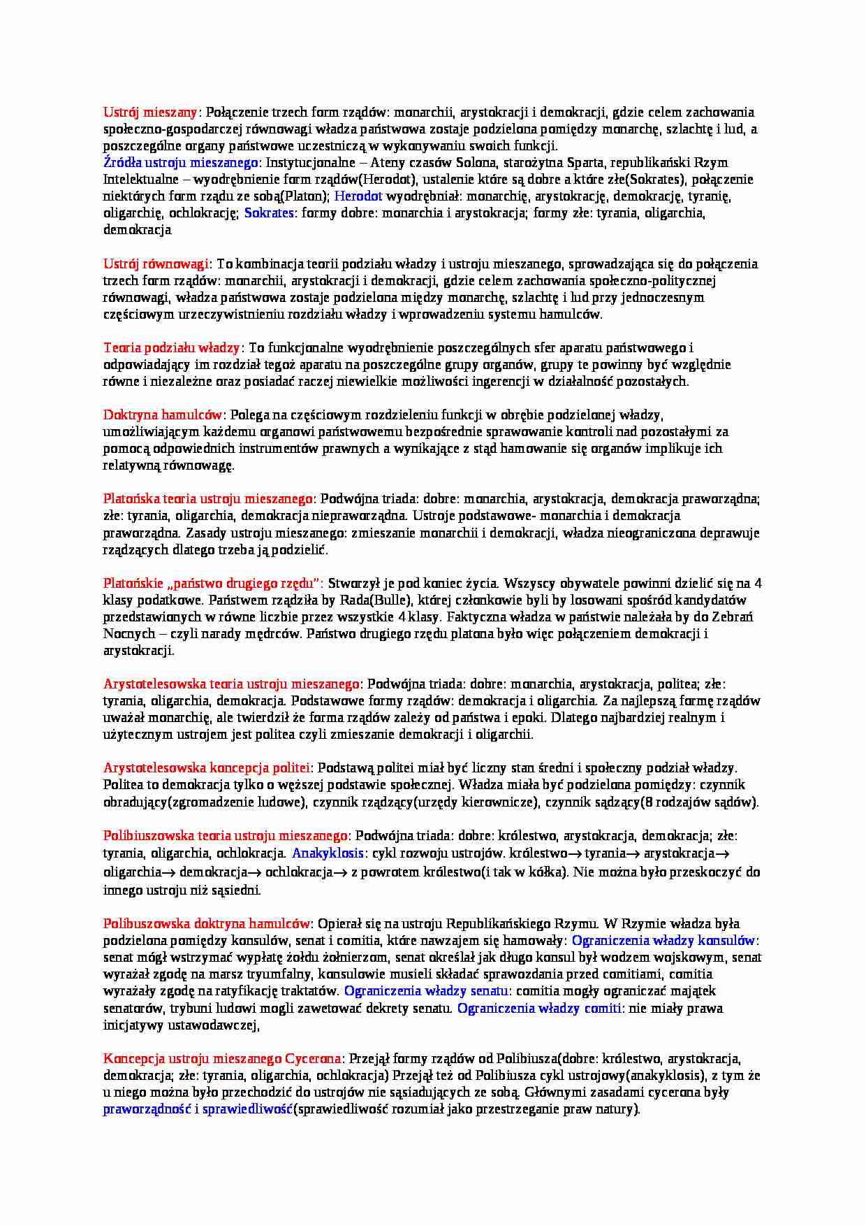 Doktryny polityczne -  ustrój równowagi - opracowanie - strona 1