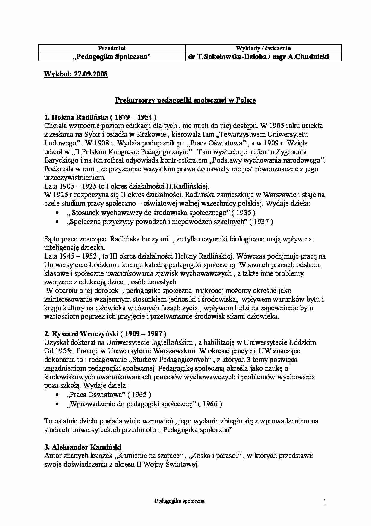 Pedagogika społeczna -wykłady i ćwiczenia - strona 1