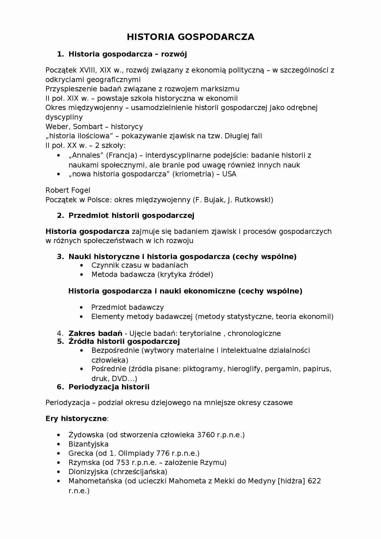 Historia Gospodarcza - notatki - strona 1