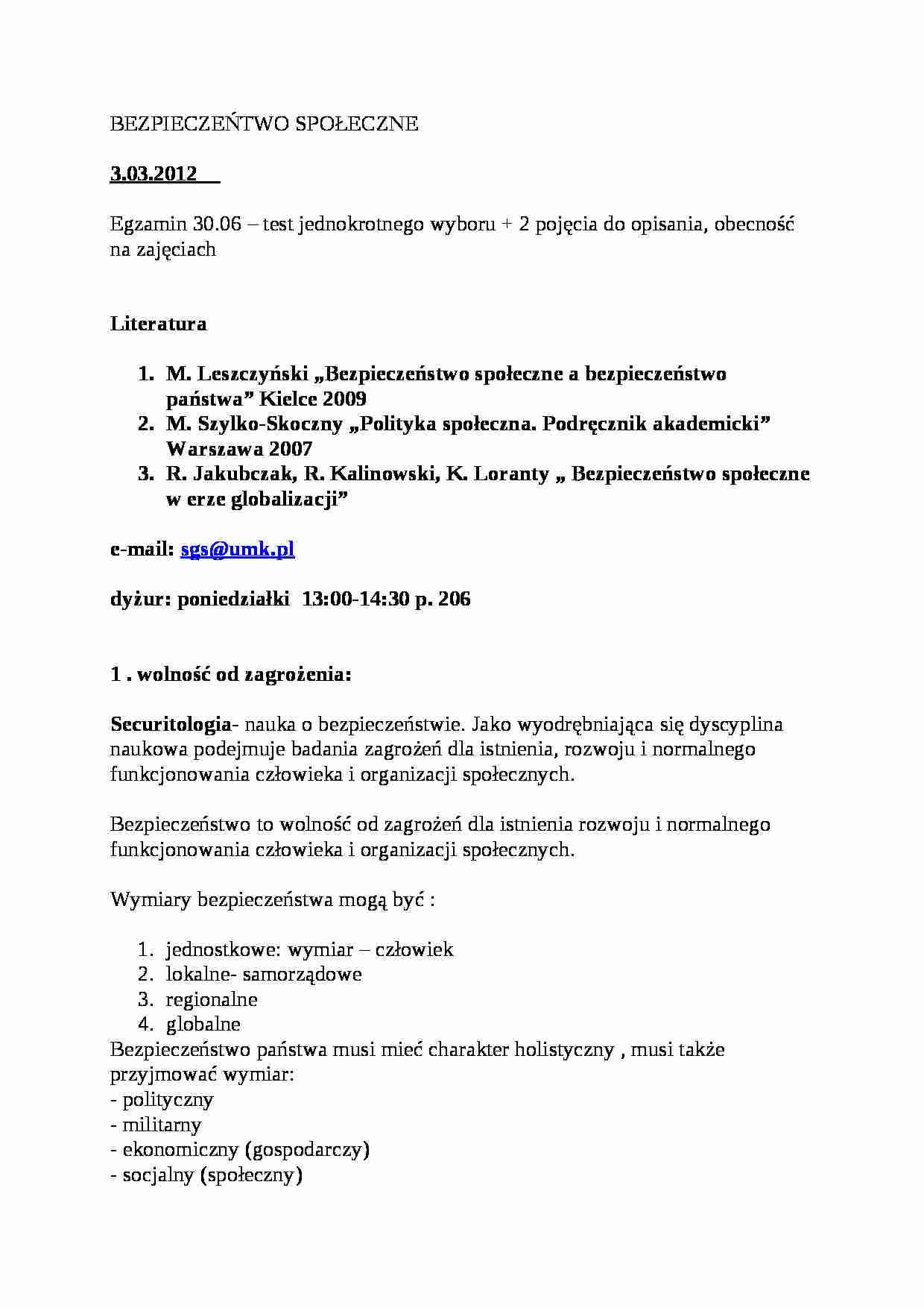 Bezpieczeństwo społeczne - wykłady - strona 1