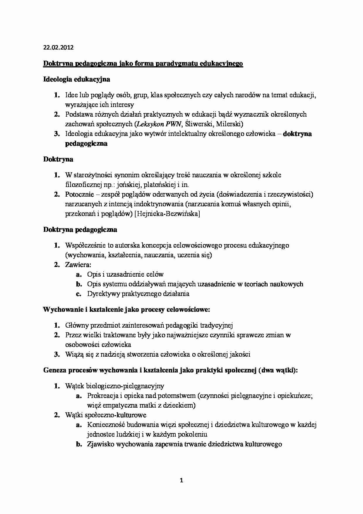 Doktryny pedagogiczne - komplet notatek z wykładów - strona 1