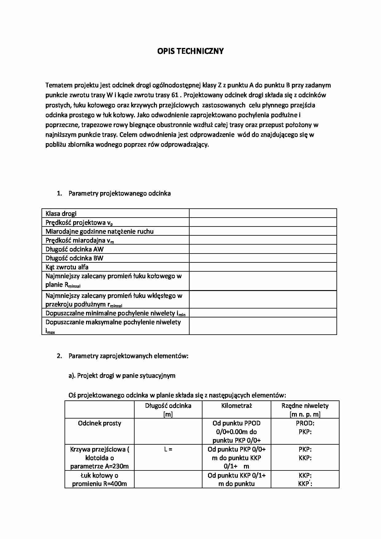 Opis techniczny - projekt odcinka drogi - strona 1