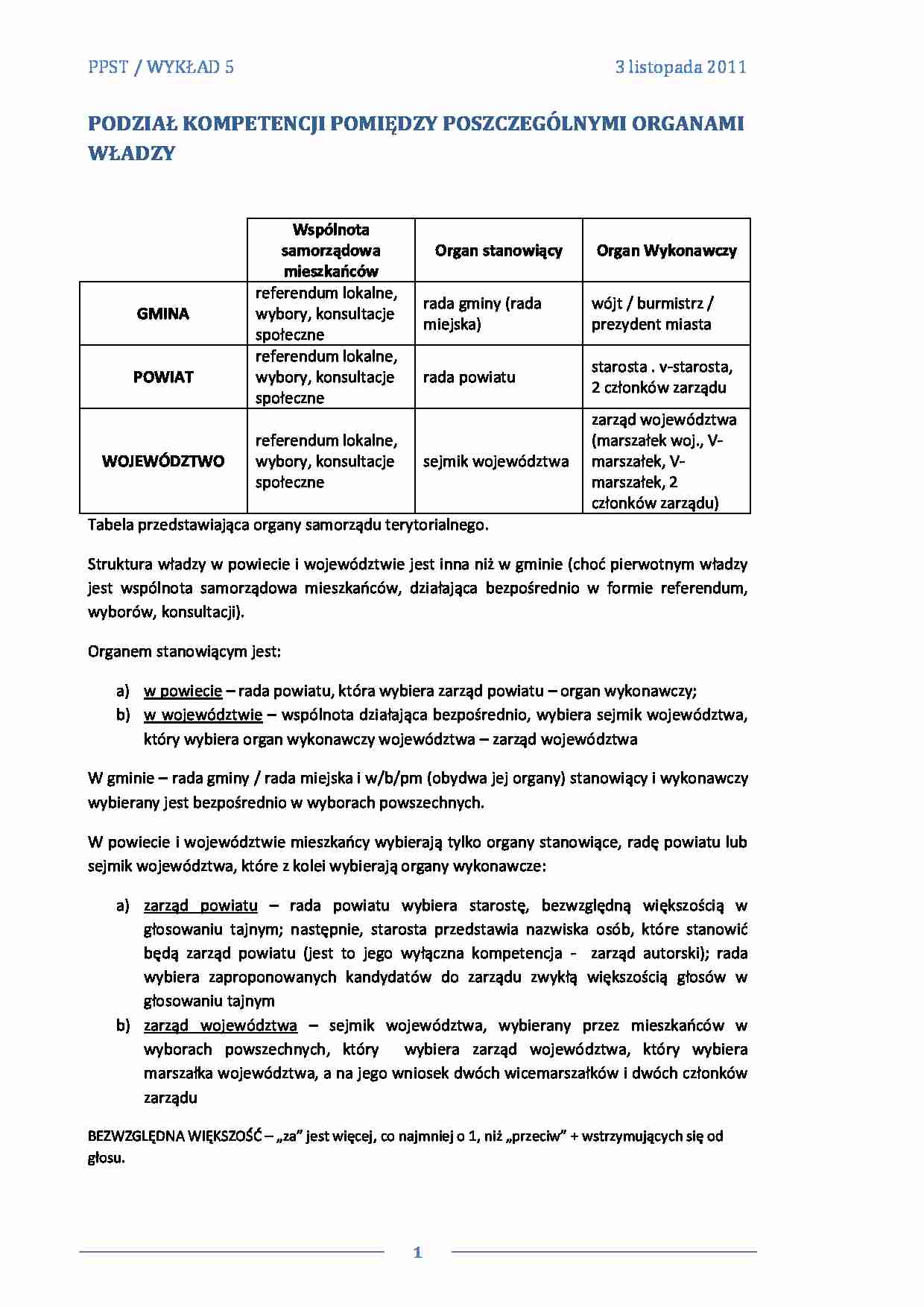 Podstawy Prawne Samorządów terytorialnych - wykład nr 5 - strona 1