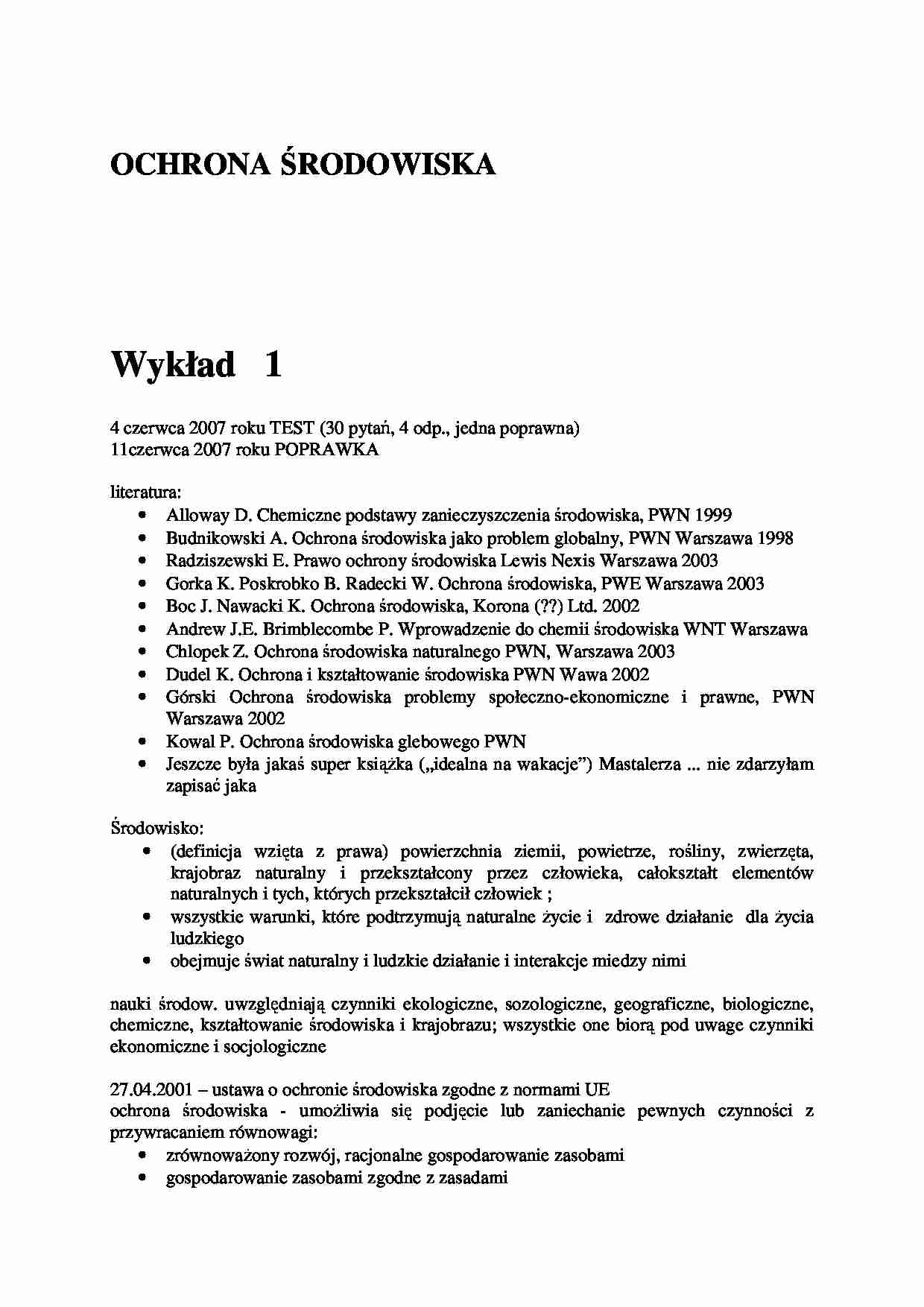 Ochrona środowiska - komplet wykładów - strona 1