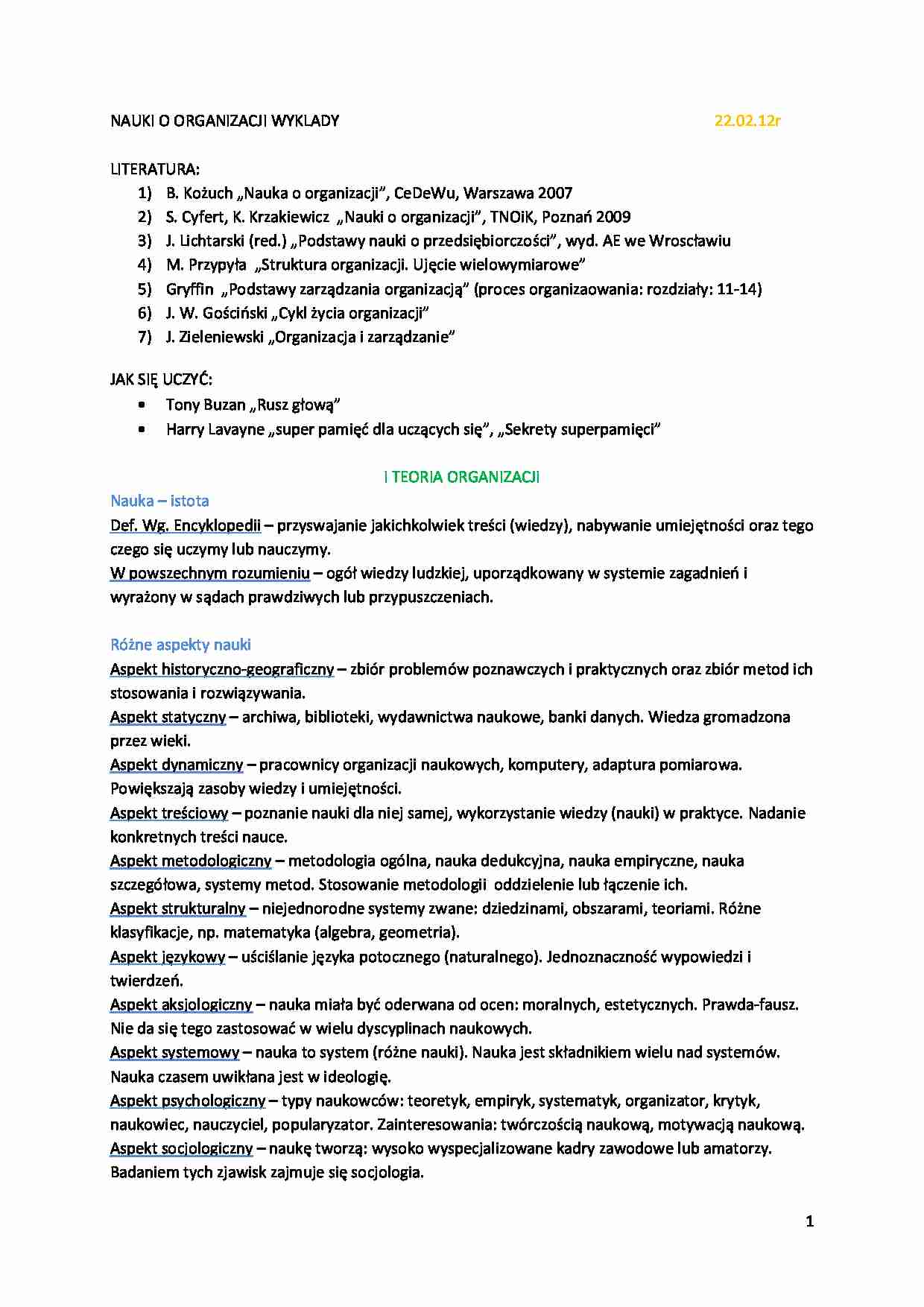 Nauki o organizacji - wykłady  - strona 1