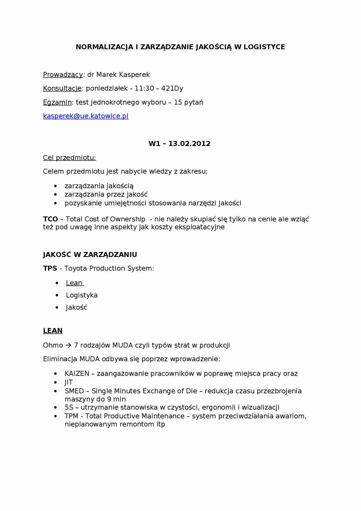 Normalizacja i zarządzanie jakością w logistyce - Kasperek Marek - strona 1