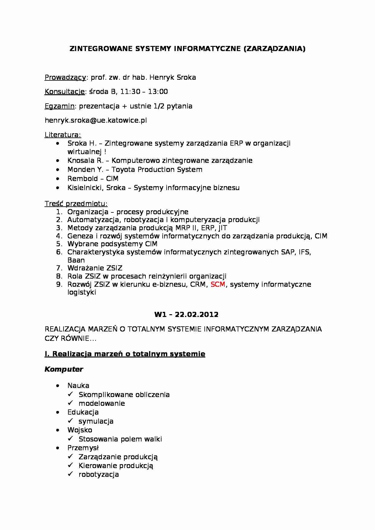 Zintegrowane systemy informatyczne - Sroka Henryk - strona 1