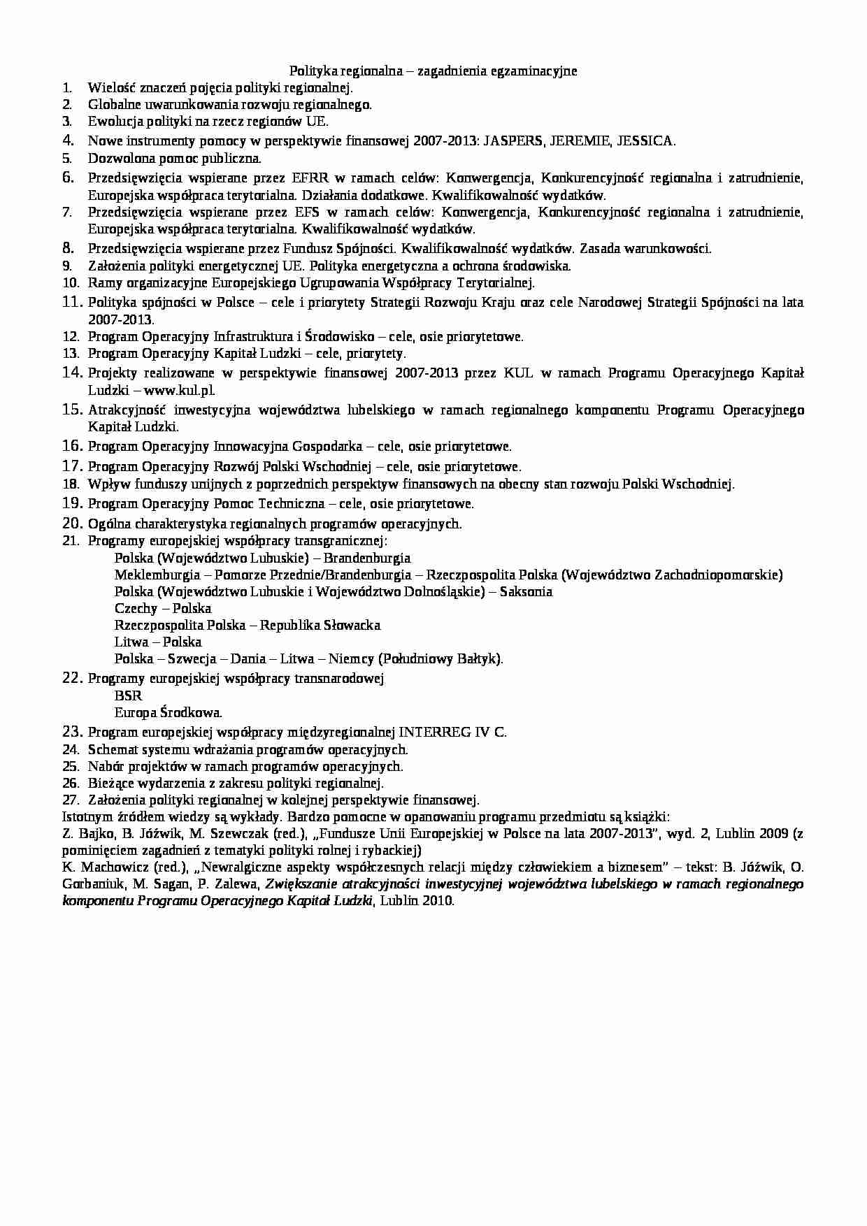 Polityka regionalna – zagadnienia egzaminacyjne - strona 1