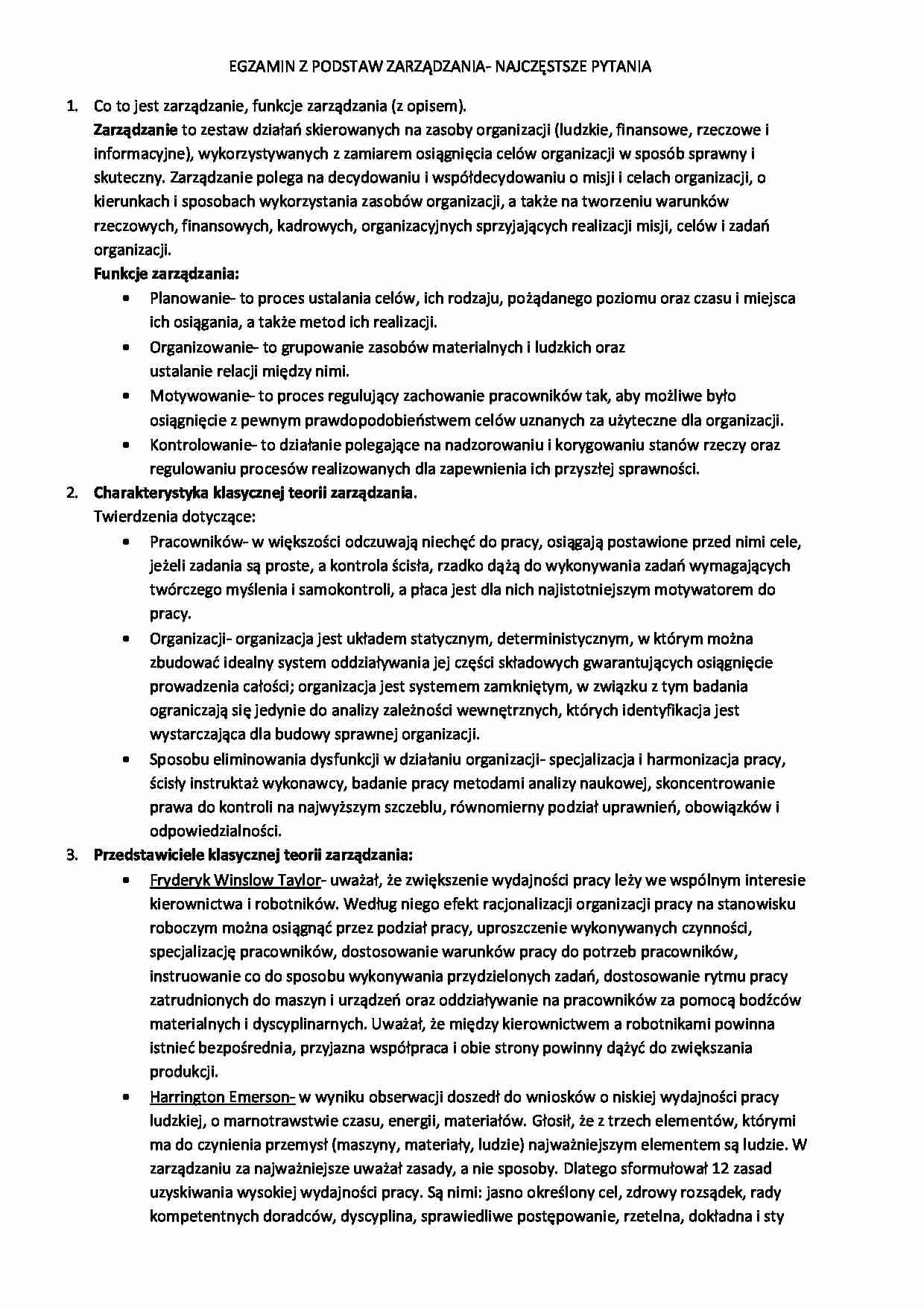 Egzamin z podstaw zarządzania - najczęstsze pytania z odpowiedziami - strona 1