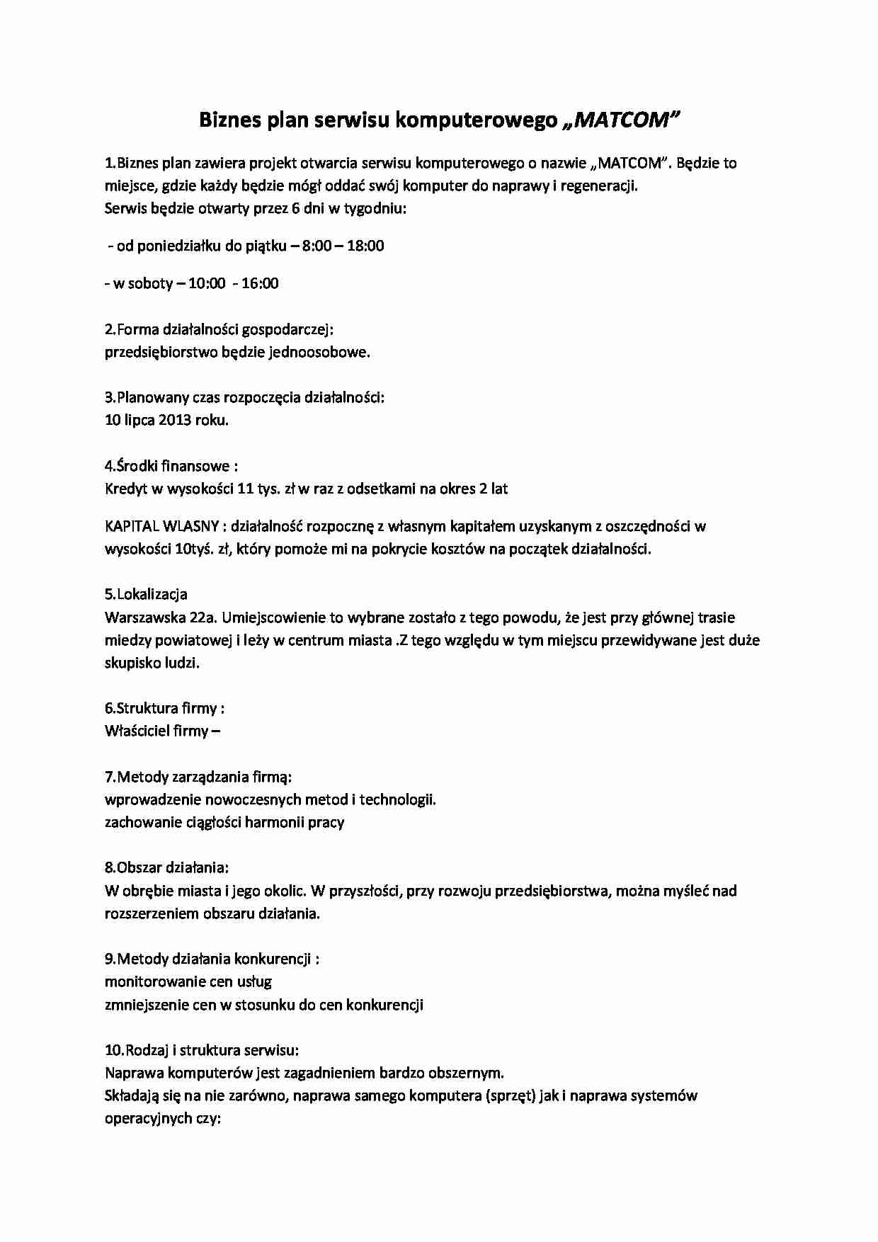 Biznes plan serwisu komputerowego „MATCOM” - strona 1