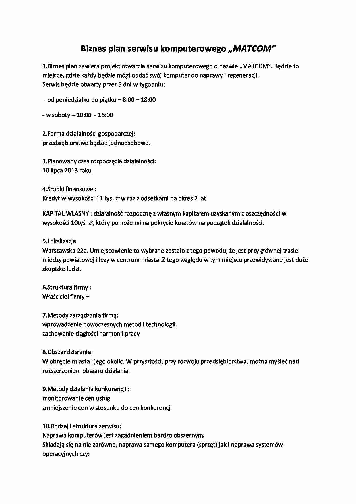 Biznes plan serwisu komputerowego „MATCOM” - strona 1